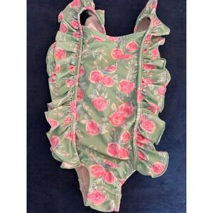 Sweet Honey Girls Green Floral Ruffle One Piece Swimsuit Size 3T
